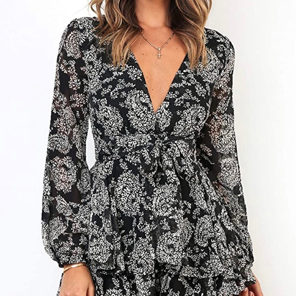 Women’s Floral Print V Neck Black and White Romper.